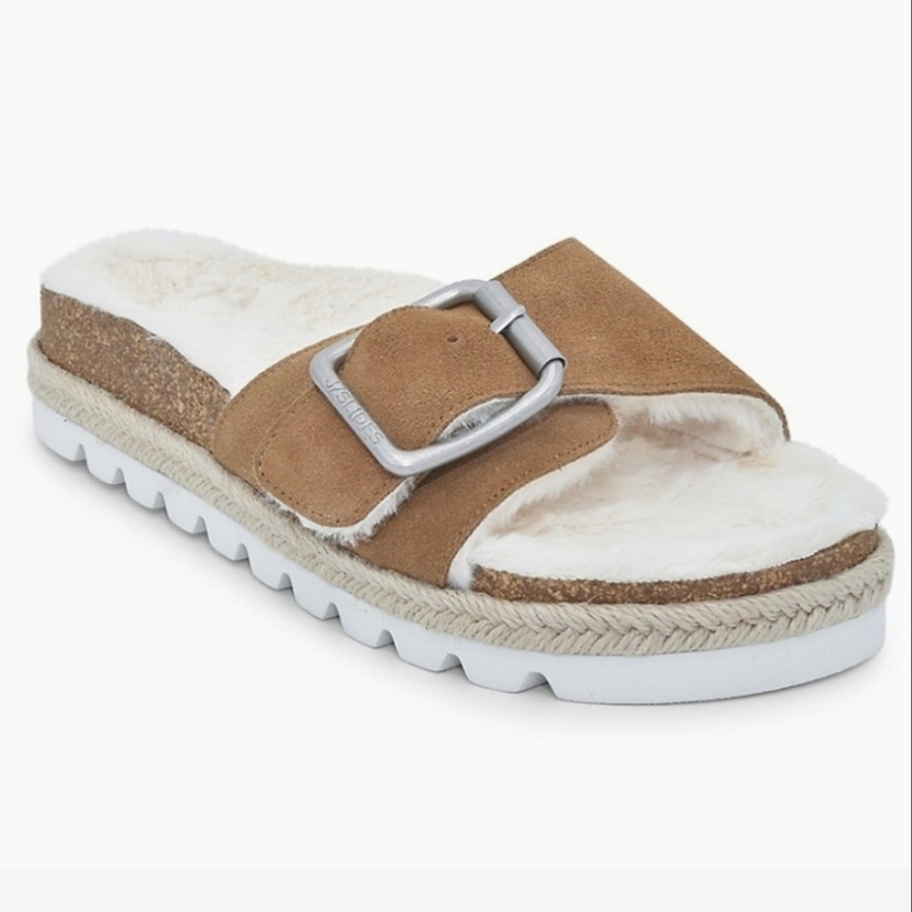 J/SLIDES Linda Tan Suede Shearling Espardrille Buckle Sandals 7-7.5 NEW IN BOX
